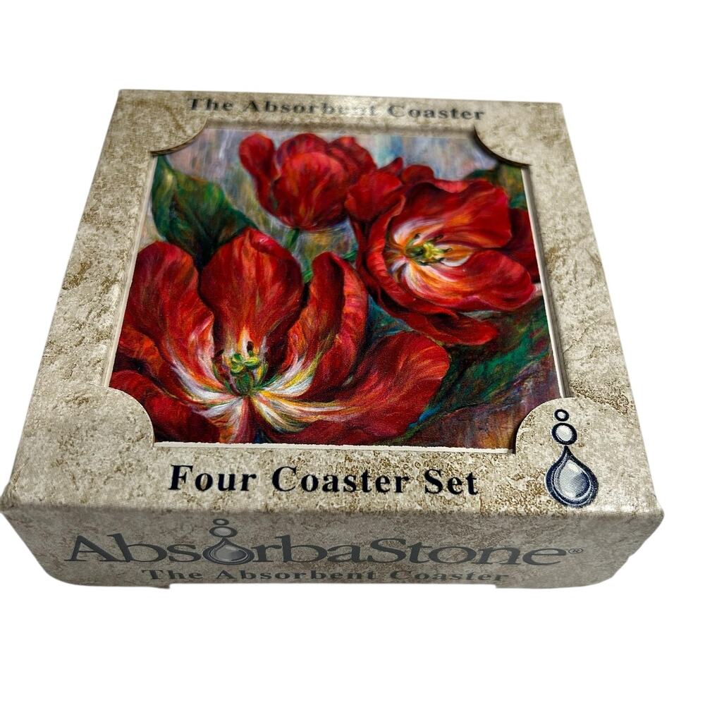 AbsorbaStone Red Tulip Absorbent Coaster NEW Set of 4